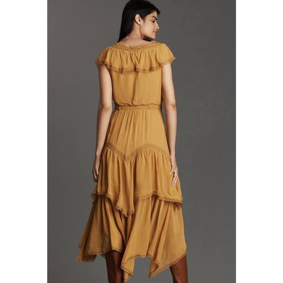 NWT By Anthropologie Mustard Ruffle V-Neck Midi Dress XS Viscose Boho Romantic - Picture 4 of 12